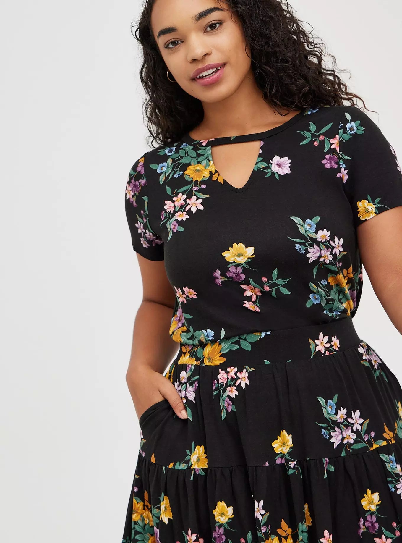 Tiered Crop Top + Mini Skirt Set - Super Soft Floral Black
