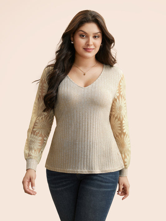 V Neck Texture Lace Patchwork T-shirt
